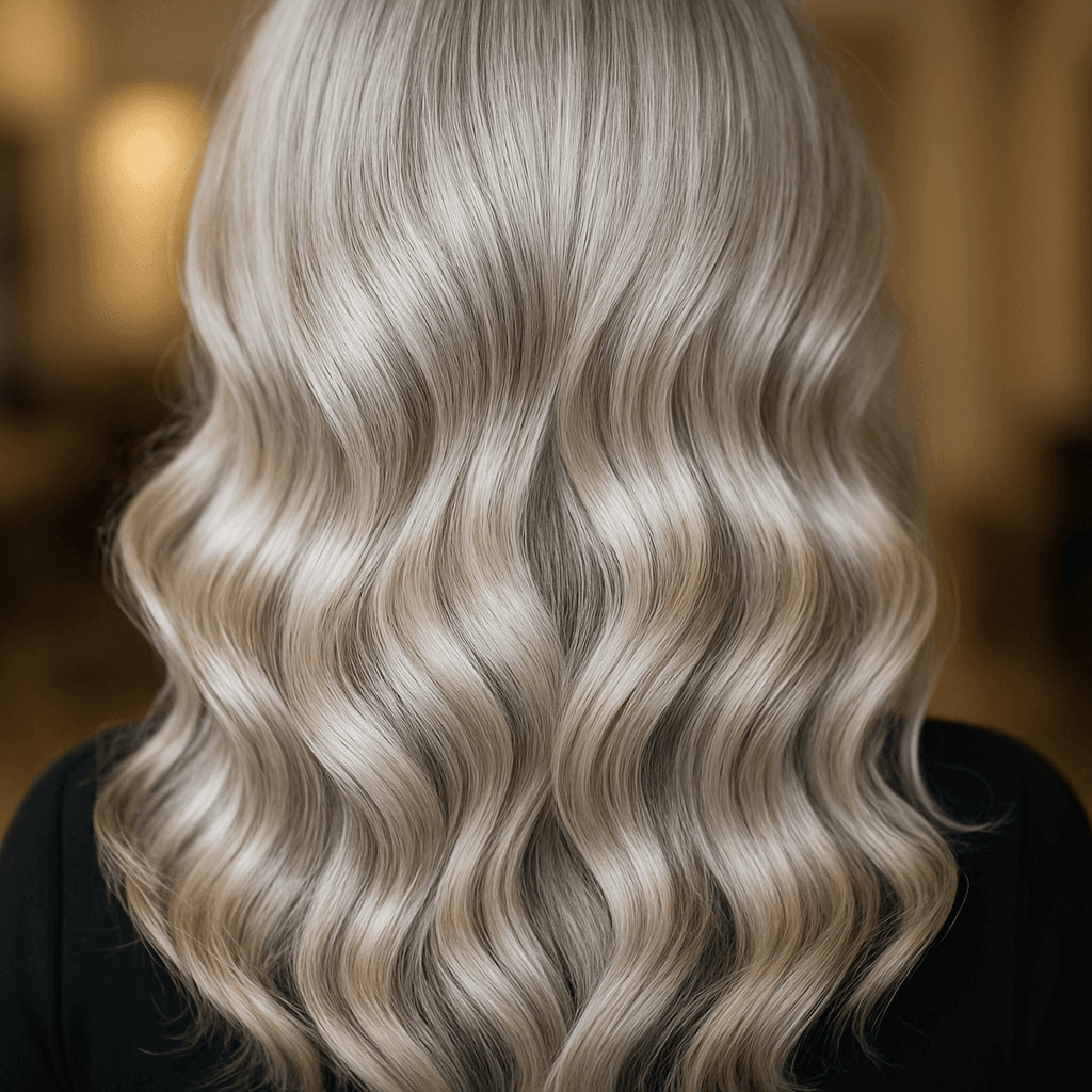 Glänzende, silberblonde Locken — Arbeit aus dem Salon Marlen