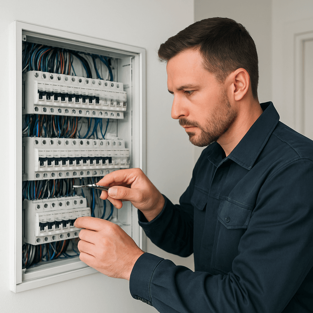 Elektriker von Elektro Brandt arbeitet an einem modernen Zählerschrank