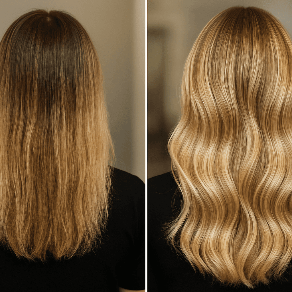 Vorher-Nachher einer Blond-Balayage: links der Ausgangszustand, rechts das fertige, dimensionale Blond